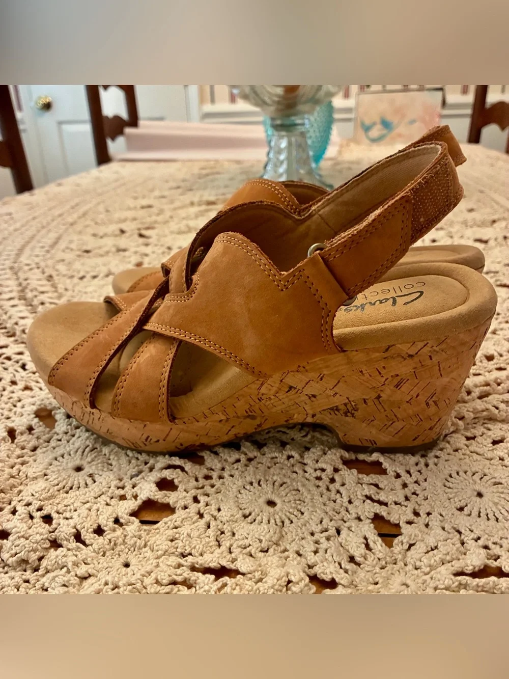 Clarks Giselle Tan Leather Cork Wedge Sandal